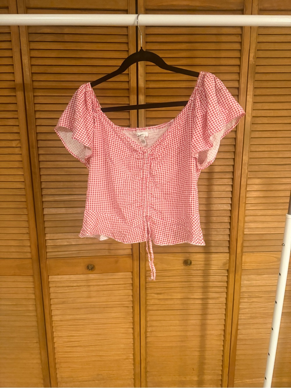 Japna Red Gingham Boho Peasant Ruched V-Neck Blouse Size L Cottagecore Cropped